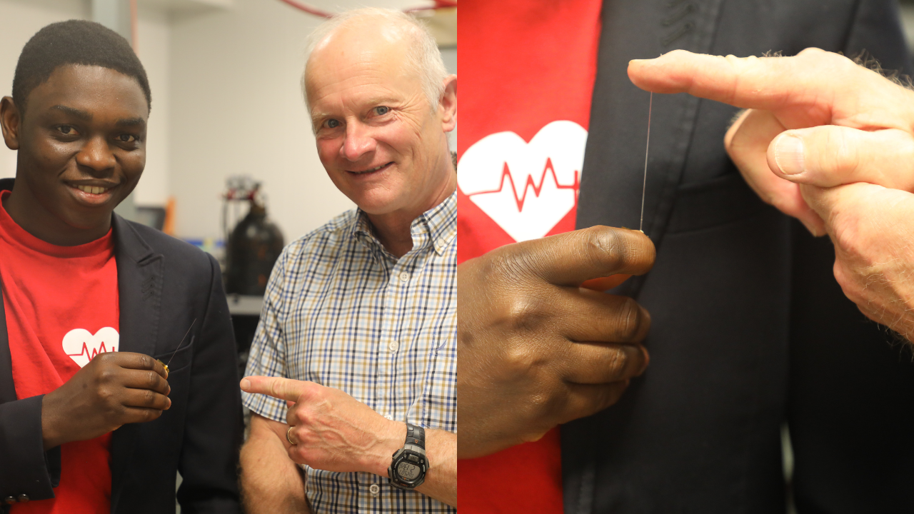 Side by side photo: (left) Photo of Abiola &amp; Miller holding the PIRL Scalpel (right) close-up of the PIRL scalpel to demonstrate how small it is