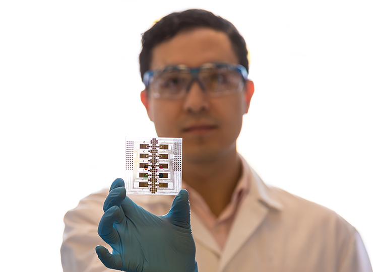 Julian Lamanna holds the digital microfluidic chip designed for the MR Boxes.