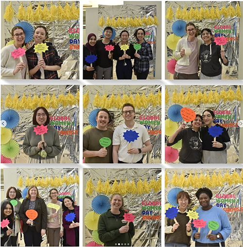 A grid of nine photos of students and professors in front of a silver Global Women's Day Breakfast banner.
