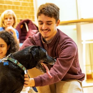 A smiling student reaches out to a black, happy looking dog.