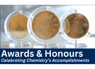 Three brass medallions with chemical iconography above the words Awards &amp;amp; Honours
