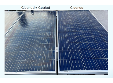 Two solar panels, of slightly different opacity and joined by a hinge, lie side by side. One is labelled &amp;quot;Clean.&amp;quot; The other is &amp;quot;Clean and Coated.&amp;quot;