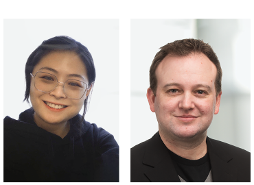 Head shots of an Asian woman with short hair and a balding white man, both wearing black suits.