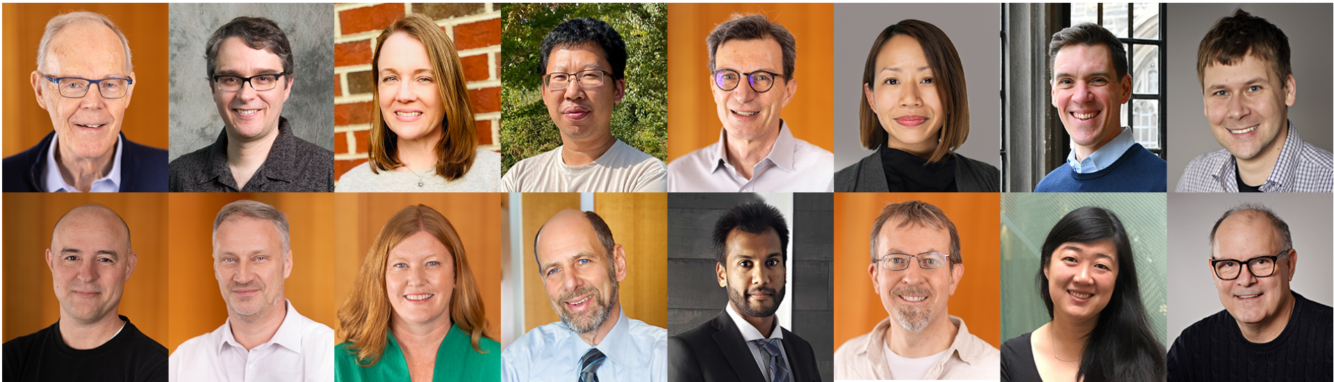 A grid of 16 head shots of university professors.